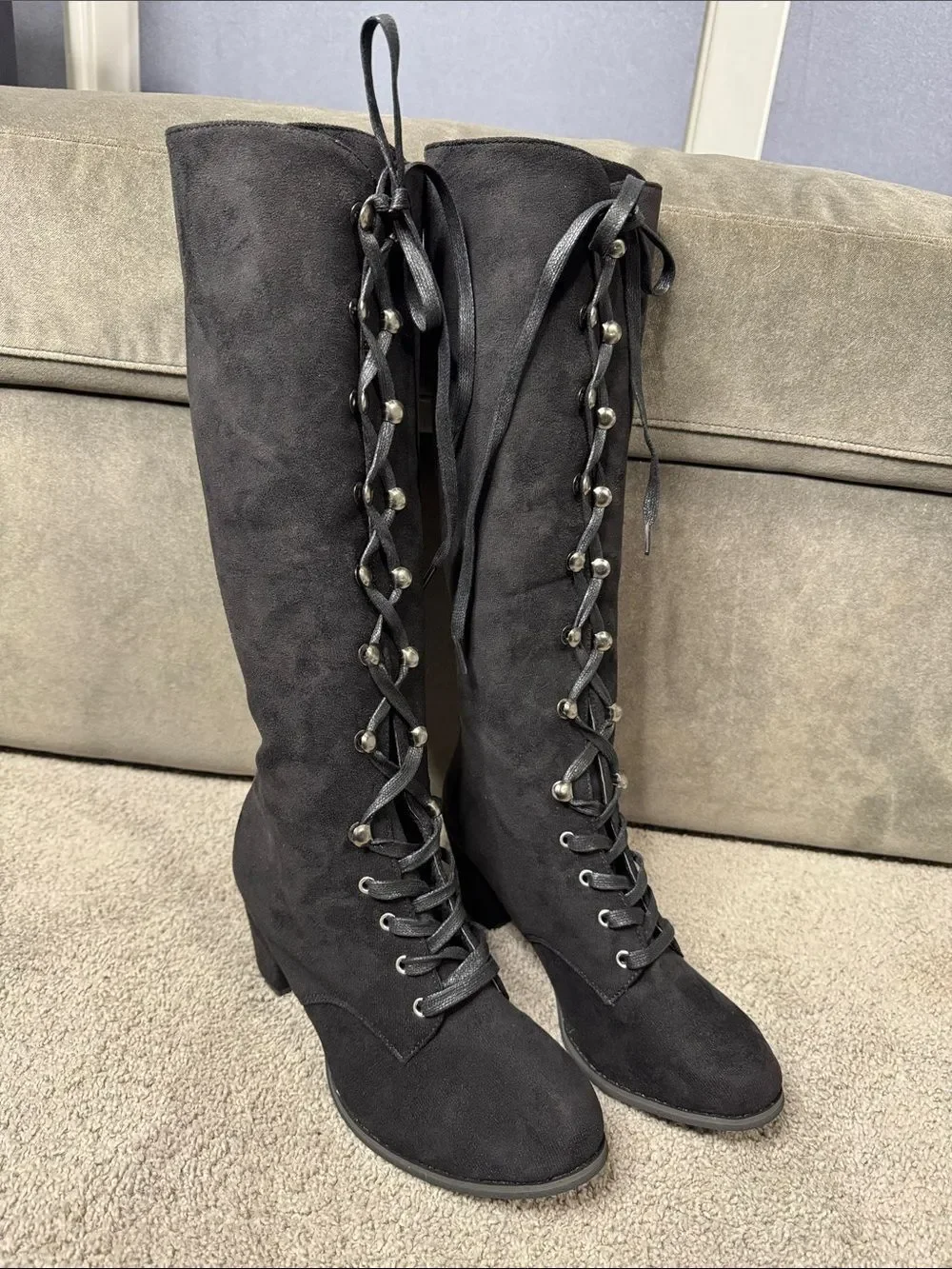 Tall Black Faux Suede Lace-Up Women’s Boots Gothic Size 8.5 (41) NEW